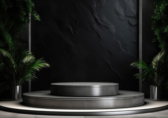 Round pedestals, black marble cylinder, leaves. Sculptural composition for creative advertising. Empty podium, base for product promotion. Luxury Black dark golden mockup. AI Generative.