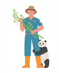 A baby panda is holding on to the legs of a keeper who is holding a bamboo stick. simple hand drawn style illustration