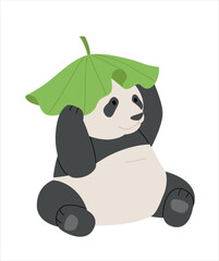 A baby panda wearing a lotus leaf on his head. simple hand drawn style illustration © MINIWIDE