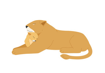 Parents and baby animals. The mother lion sits with a baby lion in her arms.