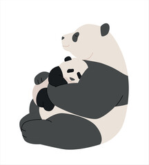 A baby panda is sleeping in the arms of a mother panda. simple hand drawn style illustration © MINIWIDE