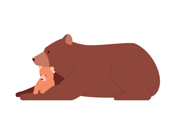 Parents and baby animals. The mother bear is sitting on the floor with the baby bear in her arms.