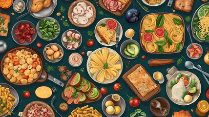 Top view of various foods as culinary concept background illustration - obrazy, fototapety, plakaty