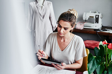 Fashion, woman and design on tablet ideas, internet app for small business idea with creative...