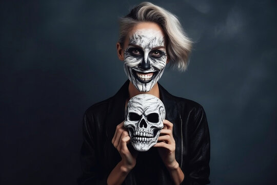 Halloween. Young beautiful girl on a dark background with a face painted for the holiday. Festive makeup for all saints day or halloween.