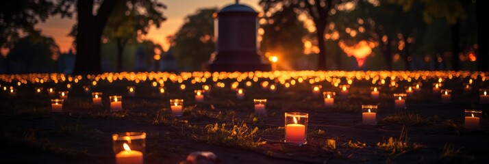 Cemetery At Dusk, Softly Illuminated By Flickering Candles. Cemetery At Dusk, Candles, Soft Illumination, Memorials, Loss, Peace, Serenity, Mourners
