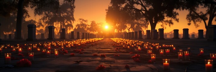 Cemetery At Dusk, Softly Illuminated By Flickering Candles. Grief, Candlelight, Serenity, Loved Ones, Loss, Remembrance, Peaceful Reflection, Enduring Memory