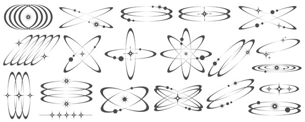 Aesthetic shapes with stars. Minimal vector shapes in lines with sparkles. Abstract modern geometric boho collection. Y2k set