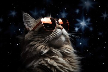 Sassy Cat As A Glamorous Hollywood Star With Sunglasses. Cat On Red Carpet, Glamorous Celebrity Look, Stardom With Shades, Sassy Cats Hairdo, Posing For Paparazzi - obrazy, fototapety, plakaty