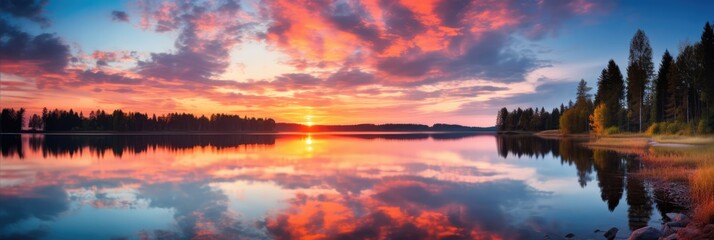 Serene Sunrise Over A Calm Lake, Reflecting Vibrant Hues. Calm Lake Sunrise Reflections, Serene Sunrise, Vibrant Colors, Sunrise Paints The Sky, Peaceful Mornings