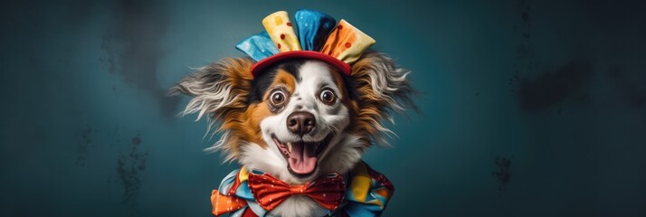 Silly Dog Sporting A Comical Clown Outfit. Harness Costumes For Dogs, Silly Pet Tricks, Comical Clown Fashion, Clothing For Pets, Dressing Up Your Pet