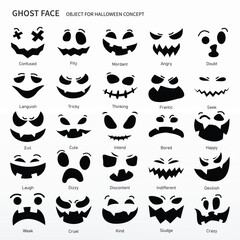 Ghost face cartoon set, Object for Halloween project. Same as confuse, confused, pity, doubt, languish, dizzy, weak, evil, devil, angry, tricky, think, thinking, frantic, seek, cute, bored, happy