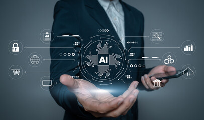 Businessman using technology smart robot AI, Futuristic technology transformation, Ai technology, Artificial Intelligence.