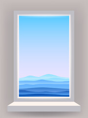 Window view interior, minimal landscape, hills, mountains