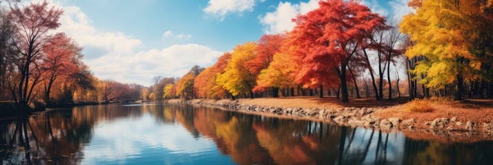 Vibrant Autumn Trees Lining A Peaceful Riverbank. Tranquility Of Nature, Colorful Autumn Palette, Riverbank Panoramas, Balmy Autumn Climate, Riverside Wildlife