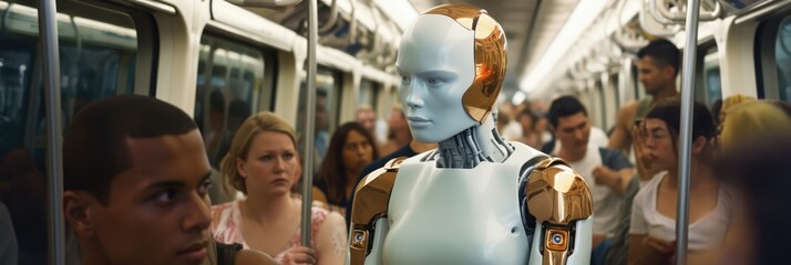 Fototapeta na wymiar Robot As Human In Train. Travelrobotics, Train Travel, Humans, Autonomy, Safety, Efficiency, Comfort, Ai