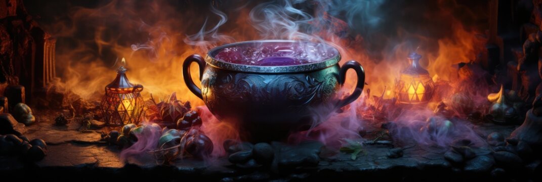 Witchs Cauldron Bubbling With Mysterious Potions Halloween. Making A Witchs Cauldron, Buying Decorations For Halloween, Using Herbs For Potionmaking,