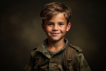 Portrait of a cute little boy in military uniform on dark background.Generative Ai