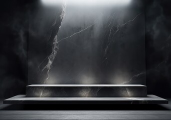 Dark stone podium for beauty and spa cosmetic brand product placement on black background 