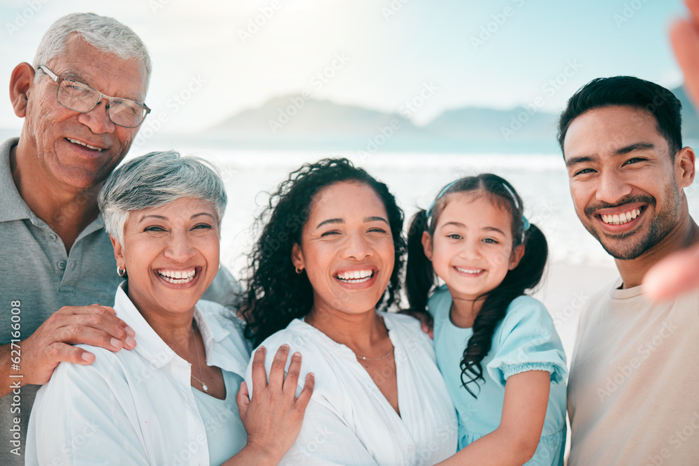 Sticker Family selfie, generations and portrait, people on beach with grandparents, parents and children bonding. Happy, men and women with kid outdoor, love and trust with smile in picture on holiday