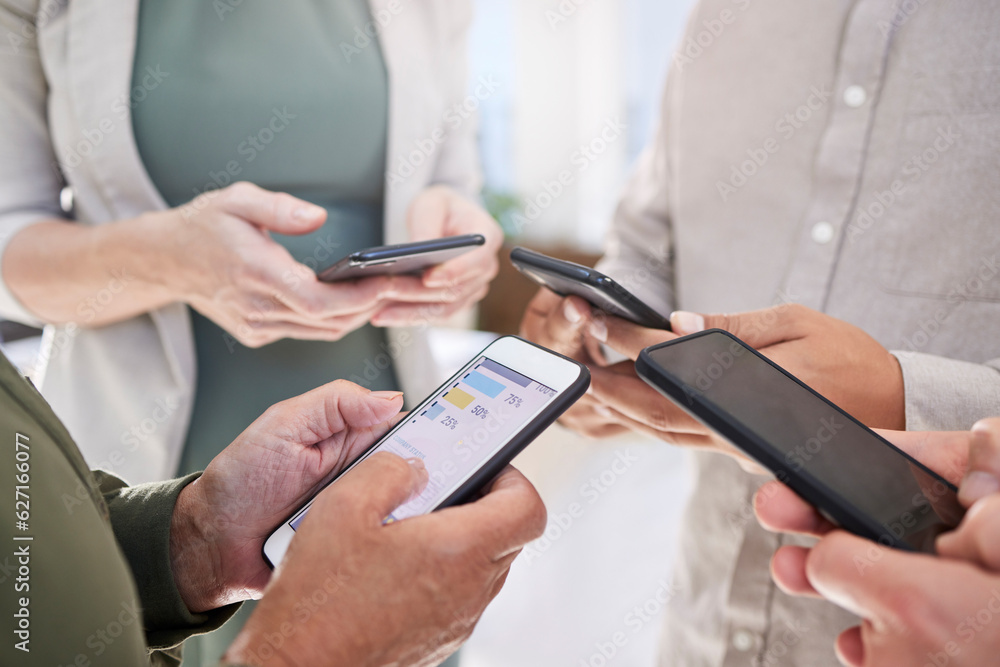 Poster phone, hands and group of people for contact us, mobile app and networking, communication or online 