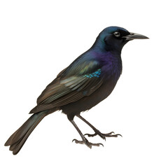 Obraz premium Common Grackle, wild bird, bird watching, realistic illustration, side view, transparent background, png, generative ai