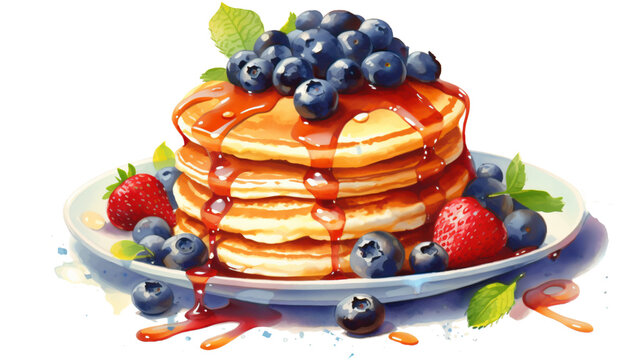 pancakes with fresh berries and maple syrup in watercolor painting design isolated against transparent background