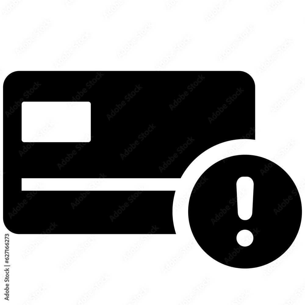 Poster black single bank credit card error warning icon, exclamation mark, simple flat design pictogram int