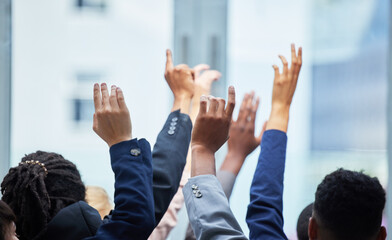 Meeting, conference and business people raise hands for speaking at a corporate seminar. Diversity,...