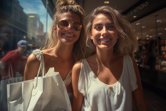 photorealism of Two happy girlfriends look at the shop window while standing with a shopping bag near the mall. wide angle lens daylight white generative ai