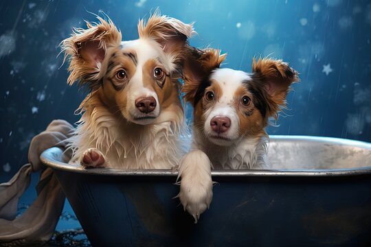 painting style illustration of two cute dogs take a bath in bathtub, Generative Ai