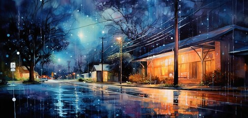 painting style illustration, beautiful restaurant un urban street side in after raining atmosphere, Generative Ai