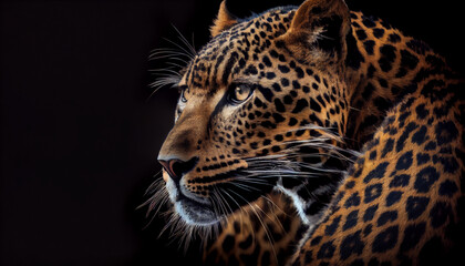 Fototapeta na wymiar Close up Portrait of a leopard, Portrait of leopard on black background, Ai generated image 
