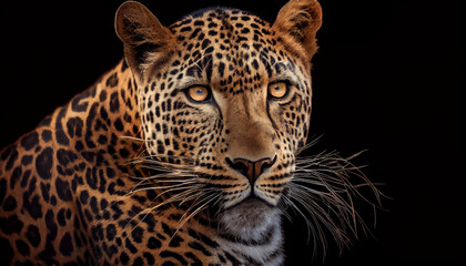 Close up Portrait of a leopard,  Portrait of leopard on black background, Ai generated image 