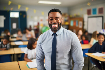Fototapeta premium Male teacher during a class with students in the background. AI Generated.