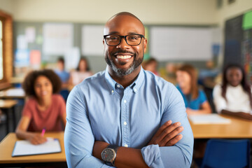 Obraz premium Male teacher during a class with students in the background. AI Generated.