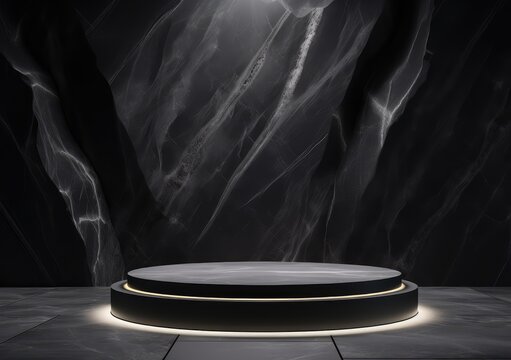 Luxury natural stone podium for showing packaging and product on black background, copy space. AI Generative.