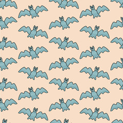 Colorful seamless pattern with hand drawn doodle cute Halloween character - cartoon bat