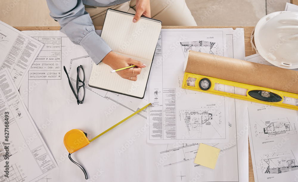 Poster above, blueprint and hands with notes for architecture, construction planning and building design. d