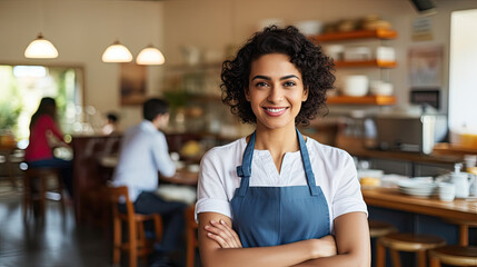Portrait of female waitress in blue apron at café and restaurant. - obrazy, fototapety, plakaty