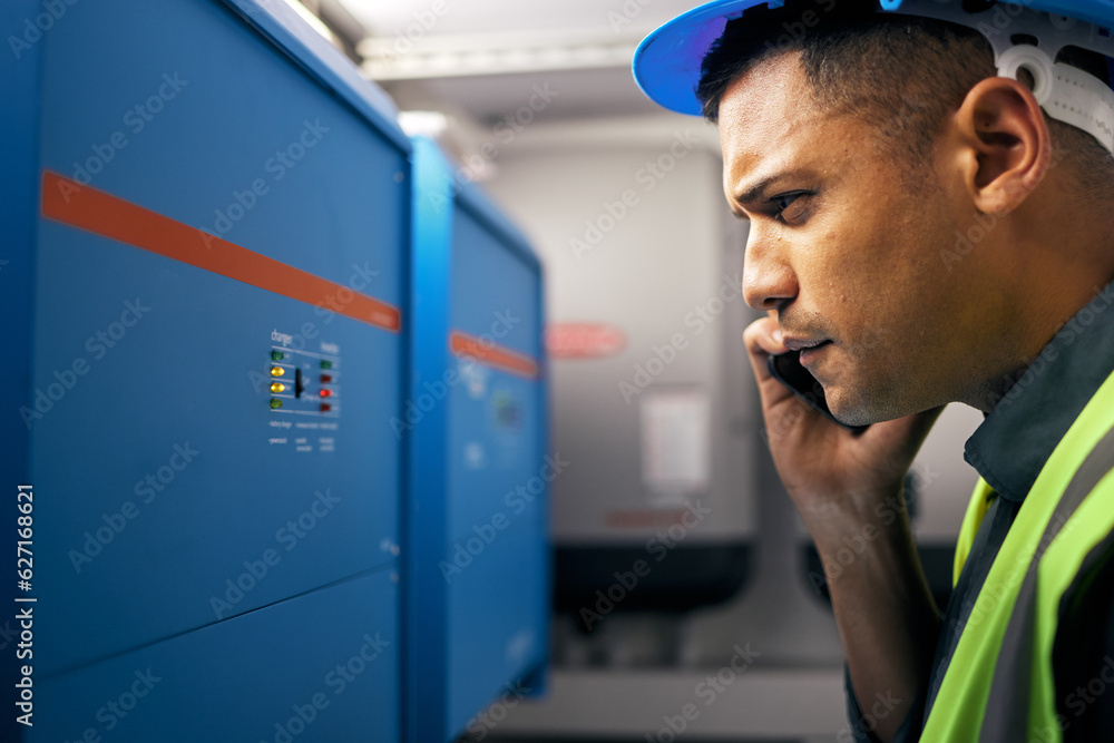 Poster Phone call, man and check with engineer on power box, control room or technician with switchboard or maintenance on generator. Electrician, construction worker and advice on inverter or server