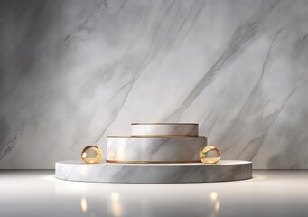White 3d podium with marble texture and golden elements. Empty stage or pedestal mockup illuminated with spotlight. Podium or platform for award ceremony and product presentation. AI Generative.