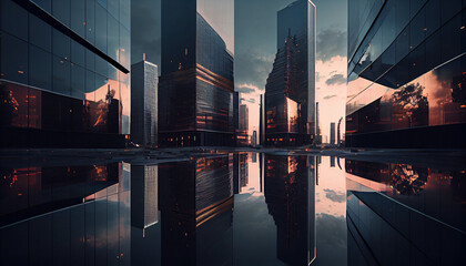 Reflective skyscrapers, business office buildings,  view of the city Ai generated image - obrazy, fototapety, plakaty