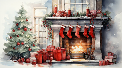 christmas stocking hanging at a rich decorated fireplace in watercolor painting design