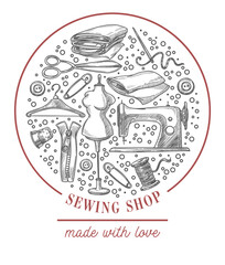 Sewing shop monochrome emblem of atelier vector