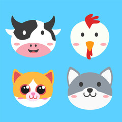 Cute Animal Head, cow, chicken, cat and dog. Vector set stock