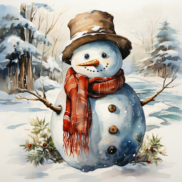 snowman clipart in watercolor painting design