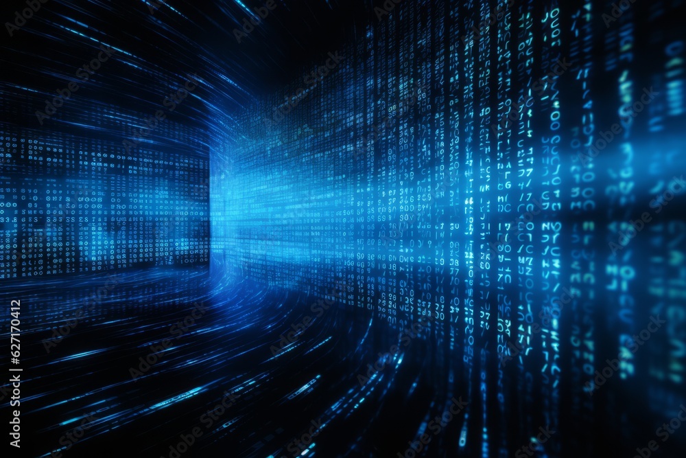 Poster Blue digital binary data on computer screen background