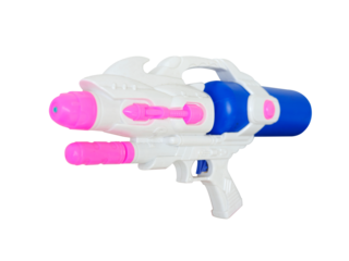 Plastic water gun isolated on blue background .