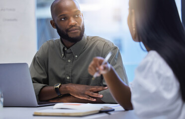 Business man, meeting and listening to discussion in office for collaboration, team and planning ideas together. Black male, employees and conversation of project, work and hearing feedback in agency